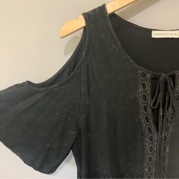 Anthropologie Paper Crane Black Cold Shoulder Dress Women’s Boho Tassel Lace Up - Picture 3 of 6
